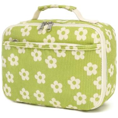 Imagem de Lancheira infantil Bluboon Lancheira isolada térmica para escola, de veludo cotelê, lancheira organizadora escolar para crianças e meninas (bege e verde, com flor)