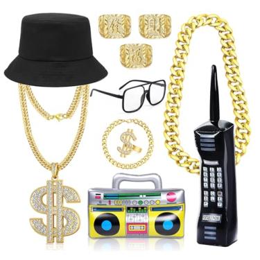 Imagem de MOZAKA Kit de fantasia de hip hop dos anos 80, 90, inflável, para celular, caixa de rádio, anel, óculos, chapéu, fantasia de rapper, conjunto de acessórios, Dourado, big