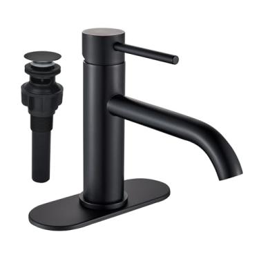 Imagem de Torneira de pia de banheiro moderna, preto fosco, alça única com ralo pop-up, placa de deck de 15 cm e mangueira de abastecimento de água cUPC, construção de aço inoxidável