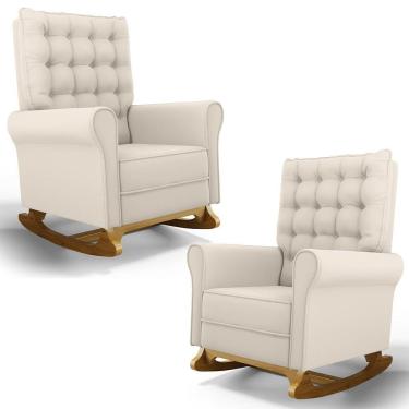 Imagem de Kit 02 Poltronas De Amamentação Base Madeira Balanço Brenda G05 Veludo Creme - Mpozenato