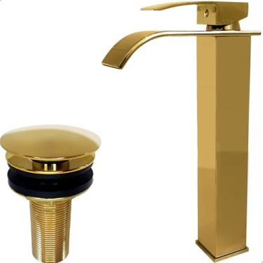 Imagem de Dona D Cor, Torneira Dourada E Valvula Click 7/8 Aço Inox Kit Pia Lavabo Gold Luxo Quadrada Bica Alta Cascata Monocomando E Ralo De Pia Banheiro Escoamento Cuba