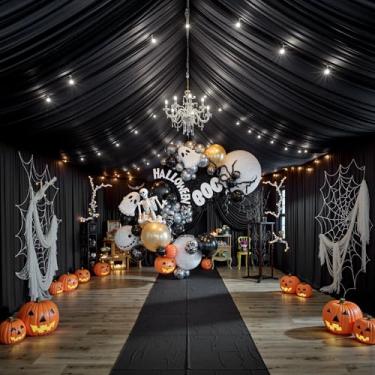 Imagem de PartyVillage Cortina de teto preta de 18,3 m x 6,1 m para festas de casamento – 12 painéis sem vincos, cortinas drapeadas para barraca longa de 6 metros para casamento, aniversário e festas temáticas