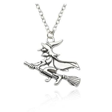 Imagem de Colar gótico com pingente de vassoura de bruxa para mulheres, banhado a prata, punk, bruxa, montando, vassoura, corrente, ajustável, leve, moderno, vintage, joia de festa de Halloween, 45,7 cm