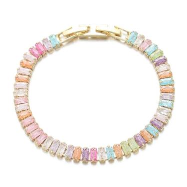 Imagem de XIqision Pulseira de tênis feminina banhada a ouro 14K 18K com zircônia cúbica colorida clássica com trava dupla, One Size, Zircônia cúbica, Sem Pedra Preciosa