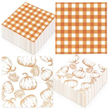 Imagem de Whaline Guardanapo de papel de outono, 100 peças, folhas de bordo, xadrez, descartáveis, guardanapos de almoço, guardanapos de mão para colheita de outono, decoração de mesa de festa de Ação de Graças
