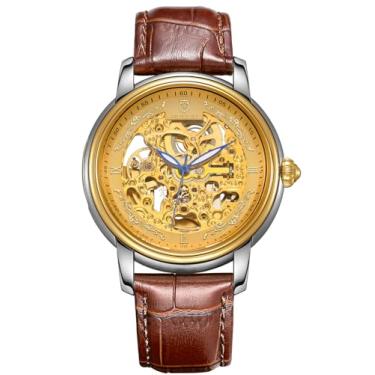 Imagem de ROCOSJEWE Relógios masculinos vintage de luxo automáticos mecânicos automáticos com mostrador dourado, pulseira marrom, corda automática, à prova d'água, presentes masculinos luminosos, R0142, marrom