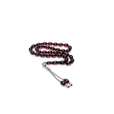 Imagem de Rosário âmbar prensado, corte redondo, borla de metal colorido vermelho vernier