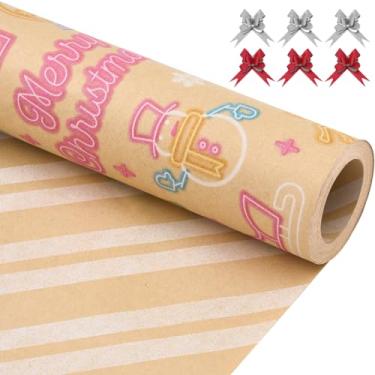 Imagem de EWES Conjunto de rolos de papel de embrulho de Natal marrom, papel de embrulho Kraft engraçado, grosso, resistente, exclusivo, divertido, infantil, estampa fofa com Papai Noel, árvore de Natal, trenó