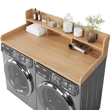 Imagem de HMAZAE Bancada de lavadora e secadora com prateleira, bancada de lavanderia de 2 andares, sobre lavadora e secadora, mesa de madeira de 137 x 70 cm para roupas dobráveis para organização e