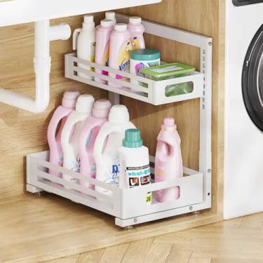 Imagem de Biboraya 1 organizador embaixo da pia, organizador de armário com trilho cilíndrico liso, gaveta deslizante de metal para cozinha, banheiro, armário de lavanderia, altura ajustável de 8 níveis, sem