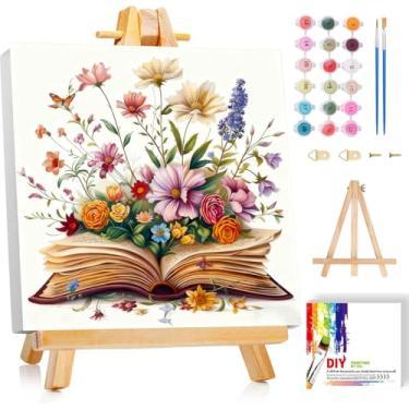 Imagem de Kit de pintura de livros por números para adultos iniciantes - cavalete de madeira, pintura de flores por números com moldura, kits de pintura de livros para adultos por números em tela, fácil pintura