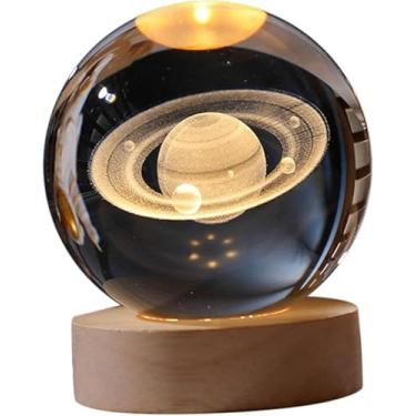 Imagem de Luminária LED 3D Planeta Saturno, Cristal, Base de Madeira, Decorativa, Luz Noturna para Mesa