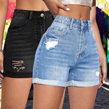 Imagem de Kit 2 SHORTS JEANS RASGADO Slim FEMININO Casual Elastano Cintura Alta 1049-Masculino