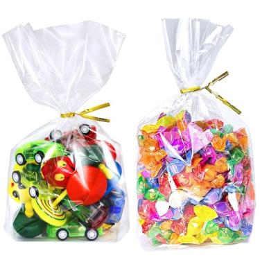Imagem de PigPotParty 15 x 23 cm, 100 peças de sacos de reforço inferior, sacos de plástico transparente para guloseimas de celofane com laços para lembrancinhas de festa, doces, biscoitos, pipocas, pequenos