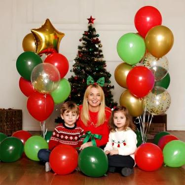 Imagem de Conjunto de balões de Natal verdes e dourados, 52 peças de 30 cm verde escuro e esmeralda, vermelho, branco, dourado, kit de balões metálicos de látex para festa de aniversário, chá de bebê