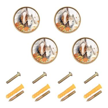 Imagem de Burbuja Puxadores de armário de cozinha com flores de cavalo, pacote com 4, puxadores redondos de 3,5 cm, puxadores de cômoda com parafusos para cozinha, quarto, armários, armário