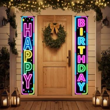 Imagem de HOMETITUTE 2 peças tapeçaria de luz negra feliz aniversário faixa vertical para pendurar na parede design de letras neon com estrelas e confetes padrão fundo preto 30,5 x 188 cm para decoração de