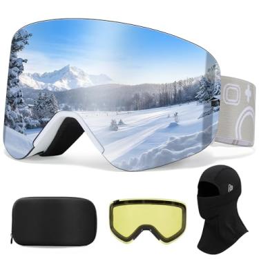 Imagem de JQF Gear Óculos de esqui Full Revo Snowboard para homens mulheres adultos lentes sem moldura proteção UV OTG lentes magnéticas (armação branca prata, lentes polarizadas (máscara de esqui)
