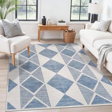 Imagem de TOPRUUG Tapete de área 12 x 15 lavável: tapetes geométricos antiderrapantes de pelo baixo para sala de estar, cozinha grande, quarto, escritório - decoração de casa estética moderna ultra macia (azul