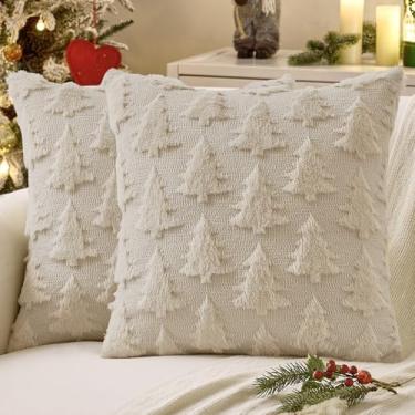 Imagem de MIULEE Capas de almofada decorativas de árvore de Natal Euro Shams 61 x 61 conjunto de 2 fronhas de lã sintética de pelúcia bege para decoração de casa para sofá, sofá, cama, varanda e sala de estar