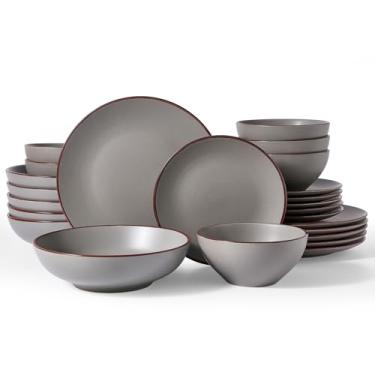 Imagem de Famiware Venus Conjunto de louça salpicada com tigelas de macarrão, serviço para 6 (24 peças), conjuntos de pratos de grés e tigelas duplas, pratos seguros para micro-ondas e lava-louças com