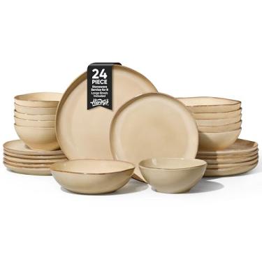 Imagem de Herogo Conjuntos de louça para 6, conjunto de pratos de jantar de grés, 24 peças, pratos e tigelas artesanais irregulares, resistentes a rachaduras e arranhões, seguro para micro-ondas e lava-louças