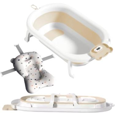 Imagem de Kids Need - Banheira Infantil Grande 50 Litros Dobrável Retrátil Com Termómetro, Porta Sabonete e Porta Chuveirinho - Individual Ou Kit Com Almofada Assento Travesseiro Flutuande De Banho Para Bebê Com Alça Ajustável. (Banheira Amarelo Claro + Almofada)