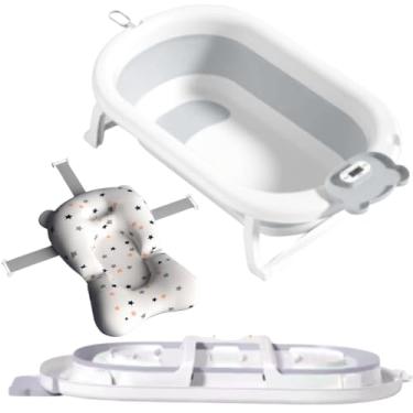 Imagem de Kids Need - Banheira Infantil Grande 50 Litros Dobrável Retrátil Com Termómetro, Porta Sabonete e Porta Chuveirinho - Individual Ou Kit Com Almofada Assento Travesseiro Flutuande De Banho Para Bebê Com Alça Ajustável. (Banheira Cinza + Almofada)