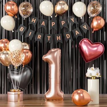 Imagem de 1º aniversário decorações menina ouro rosa e balões pretos primeiro aniversário Happy One Banner ouro rosa número 1 balão para decoração de festa de aniversário de 1 ano de idade