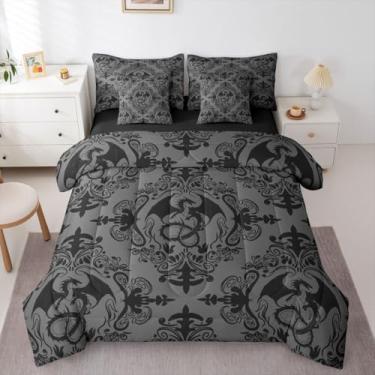 Imagem de Feelyou Conjunto de edredom damasco com 7 peças, cama casal de dragão preto em uma bolsa, para crianças, meninos e meninas, vintage, damasco, floral, respirável, macio e leve de microfibra
