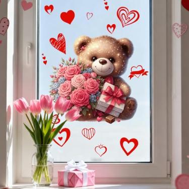 Imagem de Adesivos de janela de dia dos namorados fofo ursinho estático para janela com design de coração rosa para janela dupla face para decoração de exibição de porta de vidro de festa de aniversário de