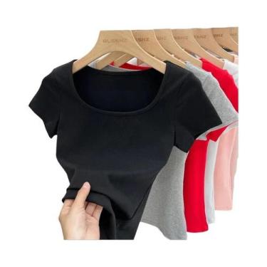 Imagem de Camiseta Feminina De Verão Com Gola Quadrada E Manga Curta Em Cor Sóli