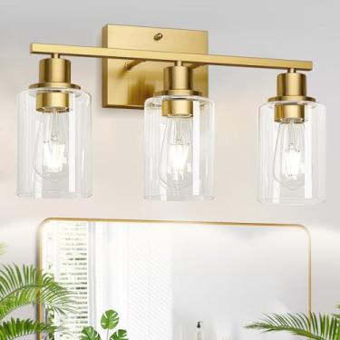 Imagem de MOKATNG Luminária de banheiro de 3 luzes, luminária de banheiro com persianas de vidro transparente, luminárias de banheiro douradas escovadas sobre o espelho, lâmpada de parede de banheiro moderna