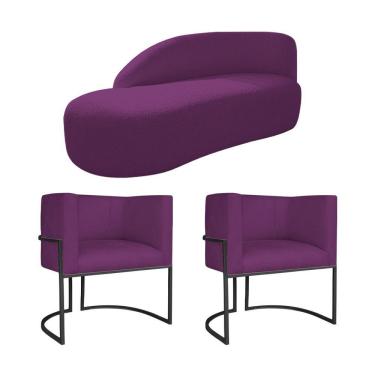 Imagem de Kit Divã Luna 160cm Lado Esquerdo E 02 Poltronas Base De Ferro Preto Suede Roxo