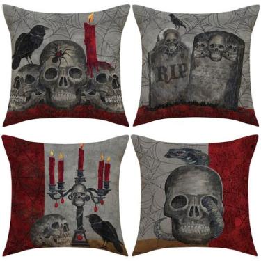 Imagem de Conjunto de fronhas, caveira e vela de Halloween, 4 x 4, linho, 45 x 4