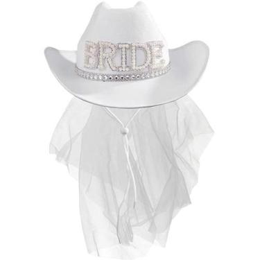 Imagem de Chapéu de cowboy com véu para noiva com strass branco embelezado - yiw