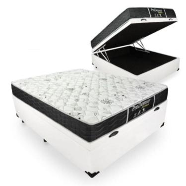 Imagem de Cama Box Baú Viúva 128 Tecido Sintético Branco com Colchão de Molas - Probel Sleep Black