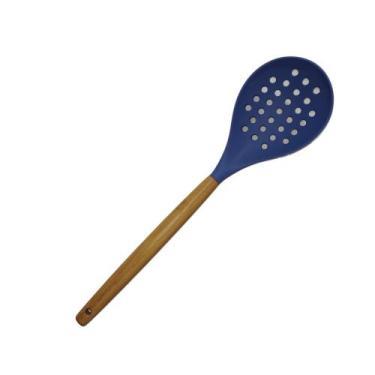 Imagem de Escumadeira de silicone cor azul versátil cabo de bambu - Mundiart