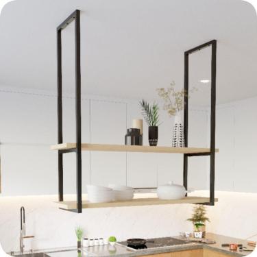 Imagem de Nicho Preto Prateleira Suspensa Teto Cozinha Madeira 1.20mt