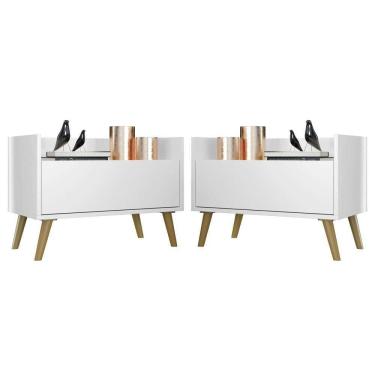 Imagem de Kit c/ 2 Mesas de Cabeceira 60 cm c/ Pés Retrô Multimóveis Branca/Natural
