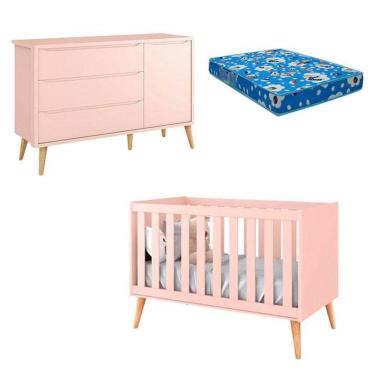 Imagem de Berço Americano e Cômoda Infantil Theo Pés Madeira Natural com Colchão - Reller