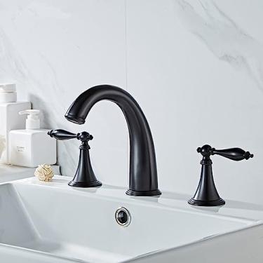 Imagem de Torneira da pia do banheiro com 3 furos Torneira da bacia montada no convés Alças duplas 3 peças Torneira misturadora Água quente fria, preta