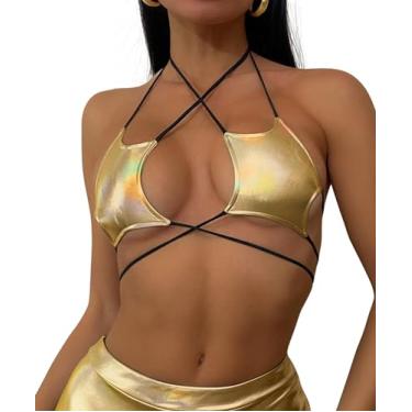 Imagem de Roupa de rave feminina sexy frente única com cadarço sutiã metálico holográfico camiseta para festivais de dança, Dourado, M