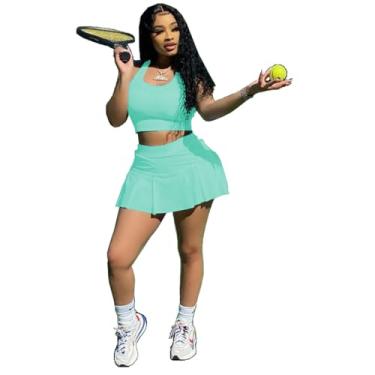 Imagem de INGORINA Conjunto de 2 peças de saia de tênis atlética sem mangas cropped mini plissado golfe saia curta verão, Turquesa, X-Large