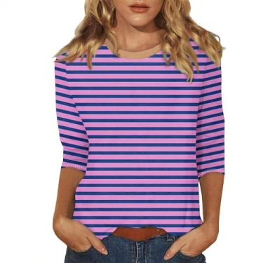 Imagem de Camisetas femininas listradas colorblock manga 3/4 comprimento gola redonda blusas casuais moda verão 2024 moda túnica elegante, 3 - roxo, GG