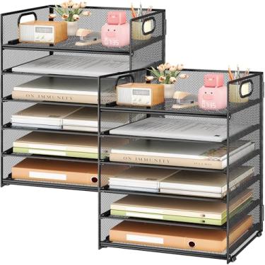 Imagem de Subekyu Pacote com 2 organizadores de arquivos de papel de malha preta – Bandeja deslizante empilhável de 6 camadas com alça para mesa, escritório, casa ou armazenamento de materiais escolares |