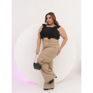 Imagem de Calça Jeans Bege Cargo Feminina Wide Leg Pantalona Plus Size Premium -