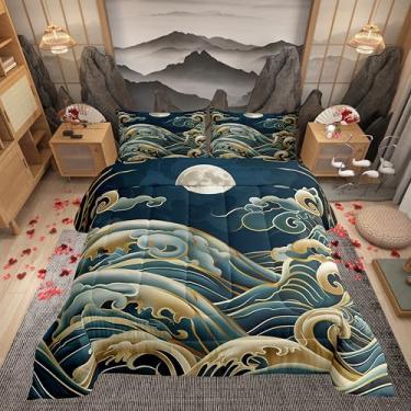 Imagem de Conjunto de edredom infantil com ondas do mar japonês, tamanho Queen, arte japonesa, arte ukiyoe, tradição japonesa, estética para meninas e mulheres, edredom retrô com 2 fronhas