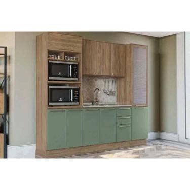 Imagem de Cozinha Modulada Kappsberg Botanic Botanic 4 Peças (1Aéreo+1Balcão+2Paneleiros) s/Pia M647 Nogueira/Verde Oliva-Kappesberg