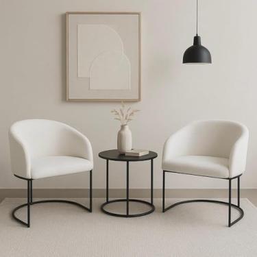 Imagem de Kit com 2 Poltronas Mavie com Base Fixa em Aço Carbono Preto Fosco – Exclusiva Linho Aveludado Branco